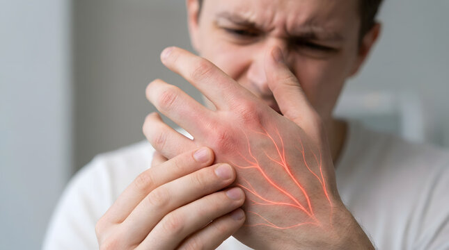 Hand Nerve Pain: A close-up shot of a man holding his hand in pain, with glowing red lines highlighting the nerves in his hand, indicating nerve damage or discomfort.