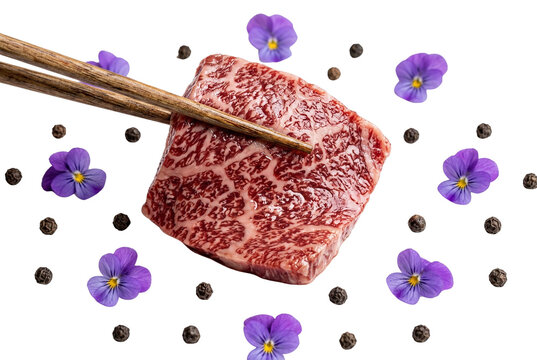Premium raw wagyu beef steak cube held with chopsticks surrounded by edible flowers and peppercorns on black background