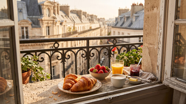 Breakfast setup on Paris balcony window with croissants and city view

