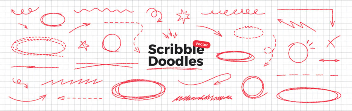 Scribble doodle set on notebook paper. Hand drawn red pen texture. Curved, twisted and rounded lines and arrows. Highlight ovals and circle frames. Thin rough line. Vector illustration collection