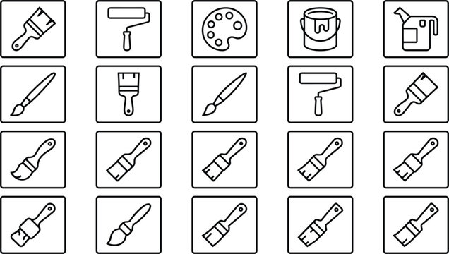 Painting tools and art brush line icon bundle set for renovation house repair and drawing