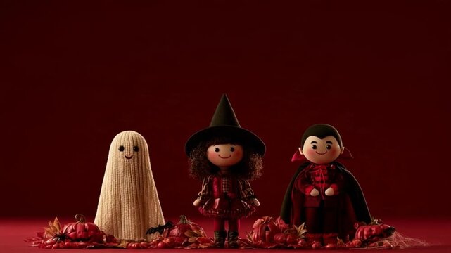 Set of animated cartoon Halloween characters, including a witch, Dracula, and a dancing witch, on a red background.