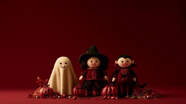 Set of animated cartoon Halloween characters, including a witch, Dracula, and a dancing witch, on a red background.