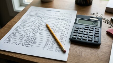 Obraz premium Sampling worksheet beside calculator on desk, quality sampling and inventory statistics