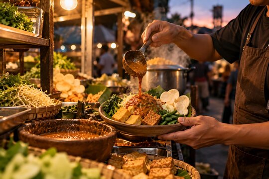 Street food vendor pouring spicy peanut sauce on traditional Indonesian gado gado salad at night market