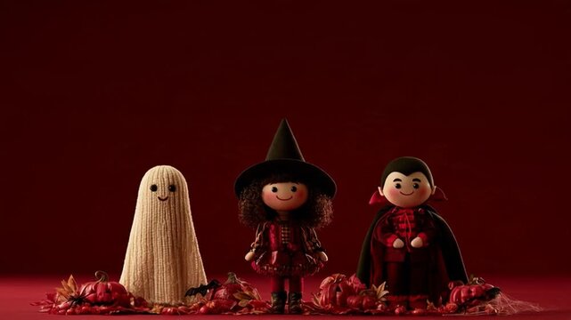Set of animated cartoon Halloween characters, including a witch, Dracula, and a dancing witch, on a red background.