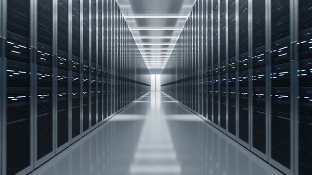 A vast, modern data center corridor with rows of servers illuminated by bright overhead lights, conveying a sense of technological advancement and digital infrastructure.