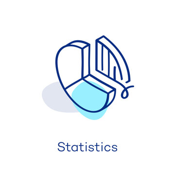 Linear statistics icon in isometric view, featuring a decorative curved line with a colorful accent. Symbol representing graph, analytics, data and economy.
