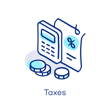 Linear taxes icon in isometric view, featuring a decorative curved line with a colorful accent. Symbol representing rate, interest, duties and charge.