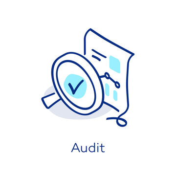 Linear audit icon in isometric view, featuring a decorative curved line with a colorful accent. Symbol representing controlling, inspection, verification and review.
