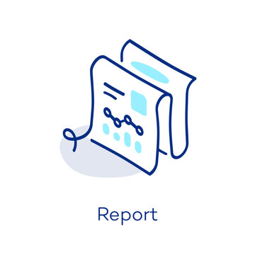 Linear report icon in isometric view, featuring a decorative curved line with a colorful accent. Symbol representing summary, statistics, economy and analytics.