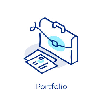 Linear portfolio icon in isometric view, featuring a decorative curved line with a colorful accent. Symbol representing report, economy, summary and analytics.