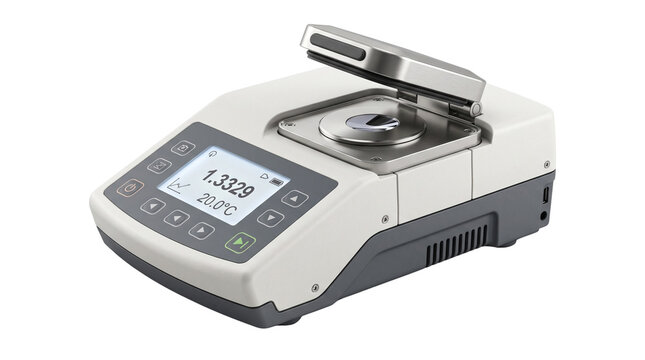 Digital benchtop refractometer for scientific lab testing, modern electronic optical measuring equipment, liquid refraction meter