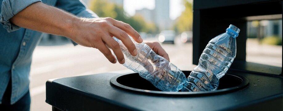 Man puts crushed plastic bottles into recycling bin outdoors. Person practices waste management to protect nature, reduce pollution. Close up of hands disposing of PET waste in street rubbish for eco