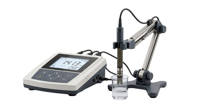 Digital pH meter with electrode probe in beaker, laboratory benchtop testing equipment, water quality analysis instrument isolated on white background