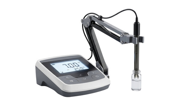 Digital pH meter with electrode sensor and liquid sample vial, electronic benchtop pH tester device, laboratory scientific measurement equipment