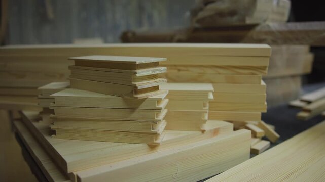 Stacked unfinished pine boards and tongue-and-groove planks in workshop close-up, showing grooves, endgrain, and warm woodgrain under soft overhead light