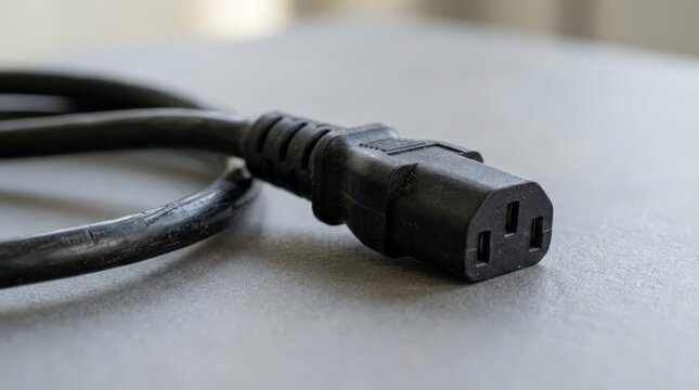 A close up view of a black power cable resting unplugged on a neutral gray surface, highlighting its textured connector and metallic pins ready for electrical connection