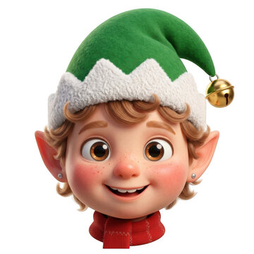 Cute cartoon elf character head with green hat isolated on transparent background
