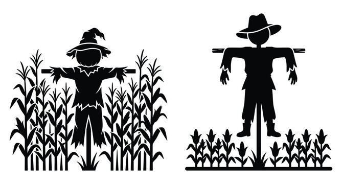 Scarecrow in cornfield vector silhouettes for autumn harvest and farming illustrations.