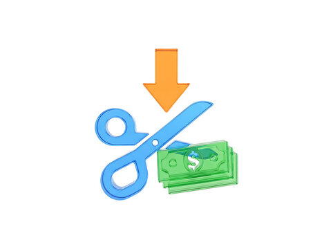 Blue scissors cutting a stack of green dollar bills with a downward orange arrow