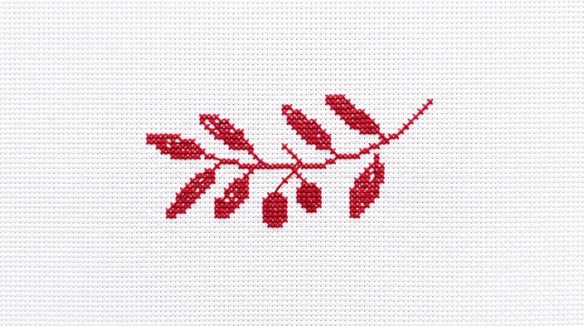 Red Embroidery Cross Stitch Branch with Leaves and Berries on White Textured Fabric Background for Winter Holiday Greeting Cards and DIY Crafts