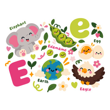 CUTE E ALPHABET VECTOR ANMAL AND FOOD STICKER COLLECTION

