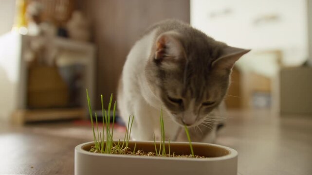 Striped Tabby Cat Nibbles Tender Blades With Fresh Cat Grass