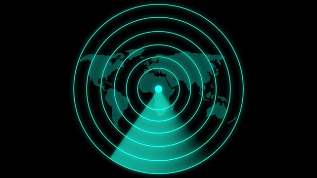 Radar screen animation sweeps target location dots on a map. Surveillance tracking data guides radar screen animation. Navigation detection systems run on this radar screen.