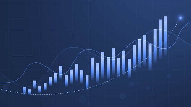 Stylized financial growth chart with rising bar graph, curved trend lines glowing data point animation