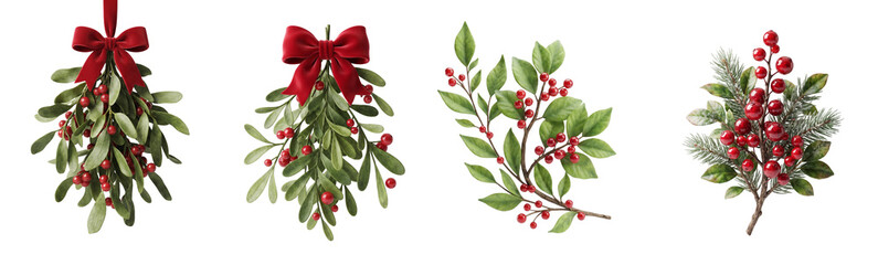 Christmas Botanical Elements — Mistletoe and Holly Branches with Red Berries © png4free