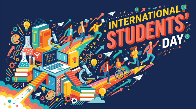International students day vector graphic illustration featuring diverse pupils running joyfully alongside educational items science equipment books laptop and bold typography celebrating academic ach
