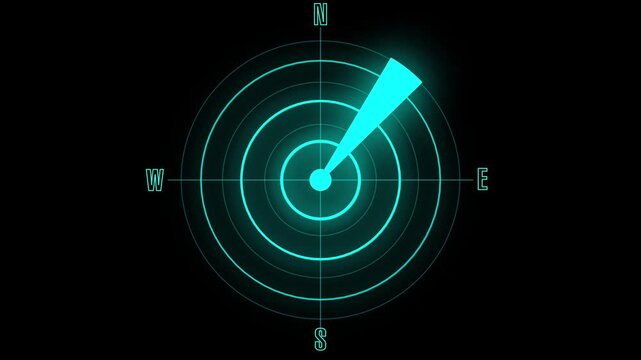 Radar screen animation sweeps concentric navigation rings. Directional tracking data guides this radar screen animation. Surveillance detection systems monitor on the screen.