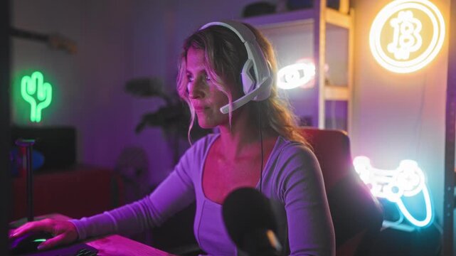 Woman, blonde middle age, wearing headset, typing on keyboard and gesturing with hands over microphone at gaming desk in studio; confidence.