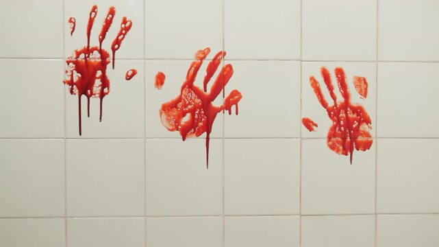 Three blood handprints appear from a wall, It&acute;s a composition of three diferent takes put together