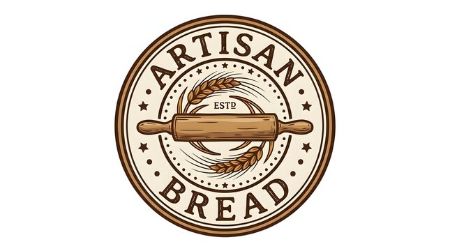 Artisan bread vector logo badge with rolling pin and wheat ears in vintage style for bakery design