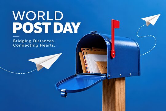 World Post Day celebration with mail in a mailbox and paper airplanes flying during daylight with a blue background