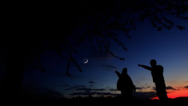 Amateur astronomers enjoying night sky with stars, planets, Moon eclipse and other celestial objects.