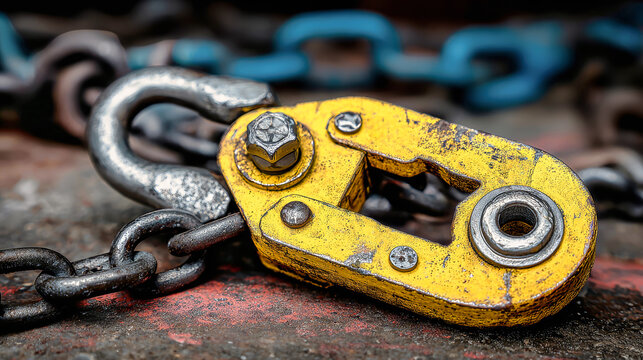 A yellow and silver cargo hook is placed on a metal surface amon