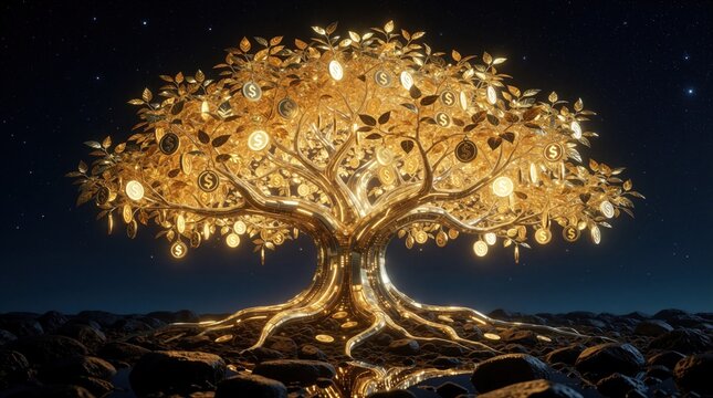 Glowing golden money tree grows in dark desert night. Shiny gold coins hang on branches like leaves under starry sky. Concept of wealth growth, financial success, prosperity in fantasy landscape with