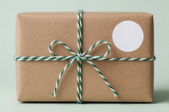 Brown craft paper gift box wrapped with green, white twine bow. Blank white round sticker on package for custom message logo. Minimalist eco friendly present for birthday, Christmas, wedding