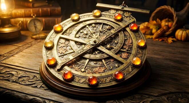 Antique brass astrolabe with glowing amber stones on a rustic wooden