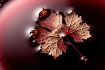 Fototapeta premium Brown grape leaf floats on surface of ruby red wine. Autumn harvest concept with organic vine foliage in liquid alcohol. Close up macro view of wine texture, dried leaf during fall season. Elegant
