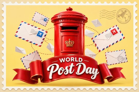 World Post Day celebration with vintage red mailbox and flying envelopes in bright studio lighting