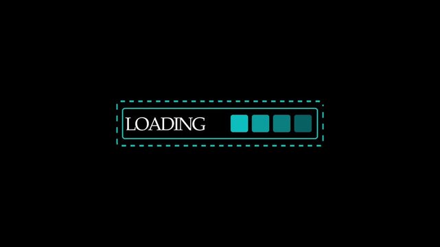 Loading bar animation displays sequential square status blocks on dark. System software buffering telemetry updates on loading bar. Interface waiting uses loading bar.