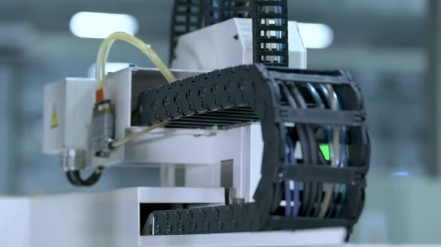 A close-up precision movements machinery CNC operating cutting through metal sheet in modern chip production workshop, detailed control panel, high-end manufacturing equipment industrial setting