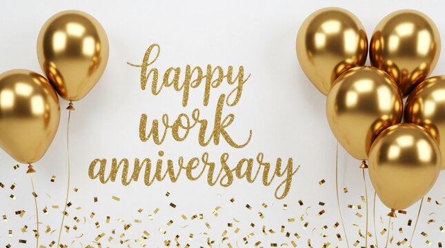 Golden balloons, glitter confetti decorate white background. Text happy work anniversary written in gold script font. Celebration concept for employee milestone, job achievement corporate retirement