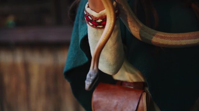 Yellow snake crawling slowly over the hands of a woman in Viking costume outdoors.