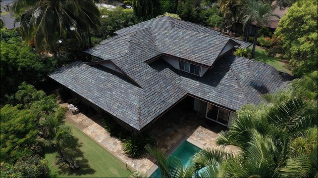 Detailed close-up of gray asphalt shingles. Artificial intelligence image