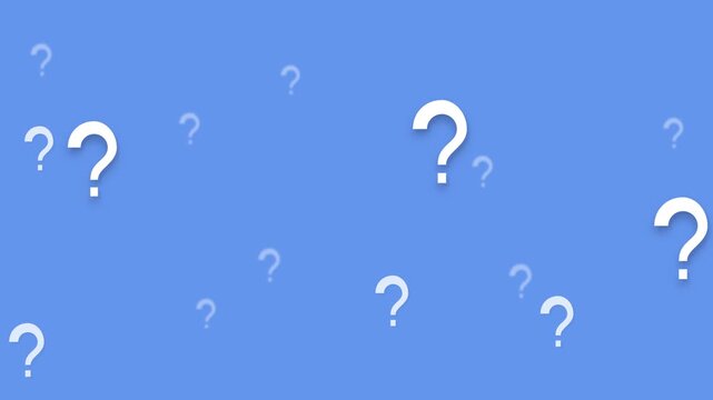 Abstract Animation of Many White Question Marks Floating on a Solid Blue Background, Representing FAQ, Inquiry, Mystery, Doubt, Problem Solving, and Curiosity for Business and Education Concepts.